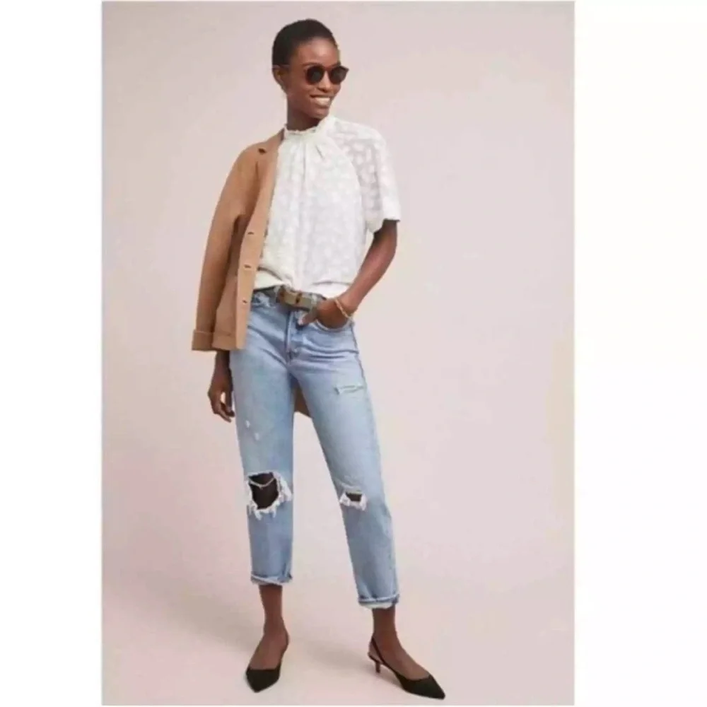 Feather Bone Anthropologie Short Sleeve Ruffled Off White Top Blouse Size Medium - Picture 4 of 13